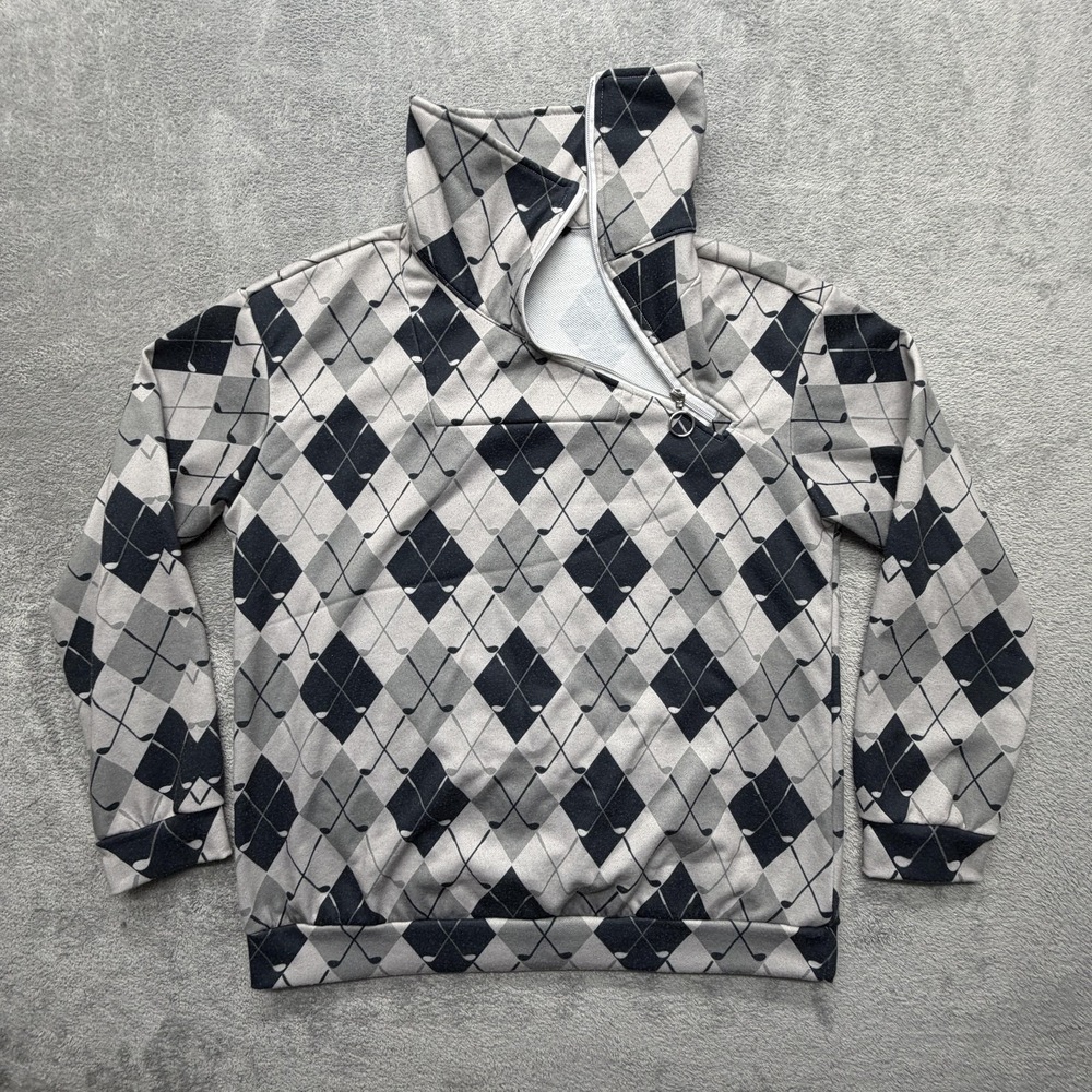 ACEGOLFS Pullover Mens XL Gray Argyle 1/4 Zip Golf Mock‎ Neck Long Sleeve Shirt